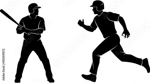 Dynamic black silhouettes of two professional baseball players showing a batter ready to hit and a runner sprinting.
