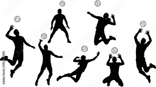Dynamic black silhouettes of male volleyball players jumping, spiking, and serving the ball isolated on a stark white background.