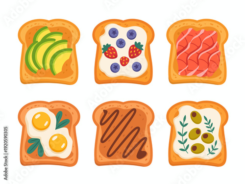 Different toasts with avocado berries salmon eggs chocolate and olives food breakfast