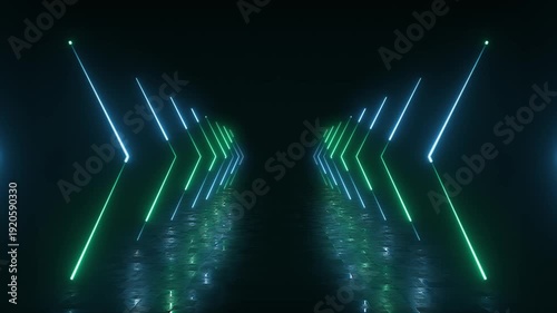 looped 3d animation, neon arrow tunnel in turquoise and blue color on black background. Abstract background