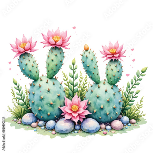 Colorful illustration of blooming cactus plants.