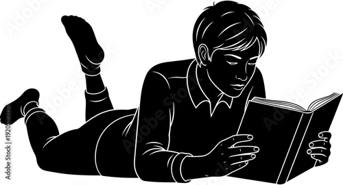 Black silhouette illustration of a young smart boy lying on the floor and carefully reading an interesting educational book.