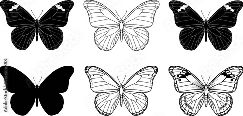 Collection of beautiful butterfly vector illustrations featuring detailed black silhouettes and delicate line art designs on white background.