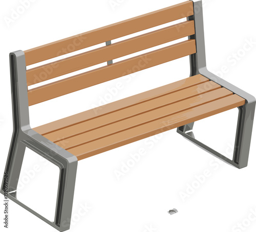 Modern wooden park bench with grey metal frame isolated on white background for outdoor garden furniture landscape design elements and street seating illustration projects