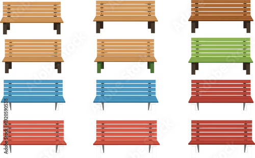 Set of colorful park bench vectors in various wood tones red blue and green isolated on white background for outdoor garden furniture design elements and public park landscape illustration projects