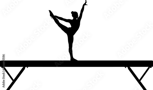 Black silhouette illustration of a young female gymnast balancing gracefully on a balance beam during an athletic gymnastics competition performance.