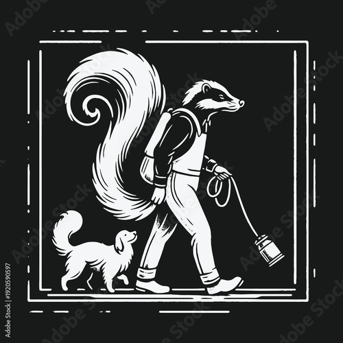 Whimsical Skunk Illustration: A Walk with a Dog and a Lightbulb.