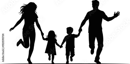 Black silhouette of a happy young family with two children playfully running together while holding hands on white background.