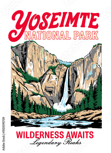 Yosemite National Park vector illustration with El Capitan, Yosemite Falls, mountains, and river in vintage graphic style for travel poster or t-shirt design.