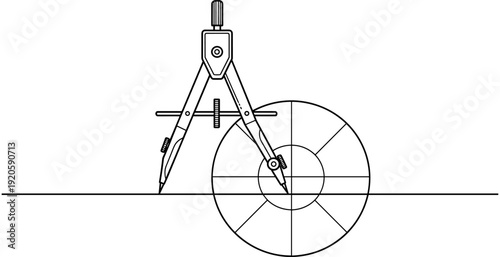 Detailed black and white line drawing of a metal drafting compass drawing a geometric circle on a horizontal line.