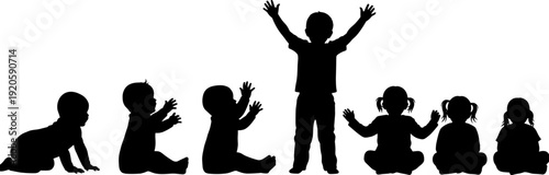 Black silhouette vector illustration depicting the sequential growth and development stages of young children from crawling to standing up.