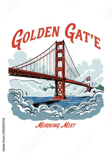 Golden Gate Bridge San Francisco vector illustration with morning mist in retro hand-drawn style for t-shirt design and travel poster.