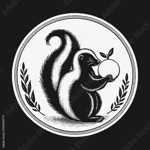 Engraved Skunk with Apple Illustration in Circular Frame.