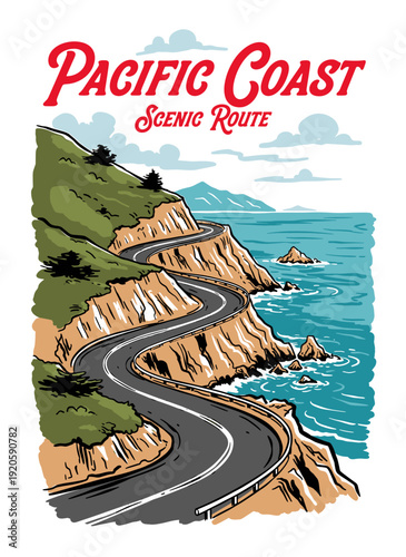 Quadro su tela Pacific Coast Scenic Route vector illustration of winding ocean road, vintage travel graphic for poster design