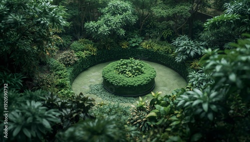 Green Garden Space With Circular Design and Plants in a Forest Setting During...