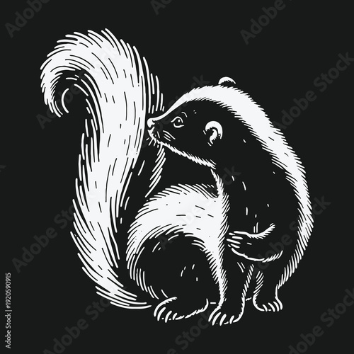 Detailed Skunk Illustration on Black Background Wildlife Art.