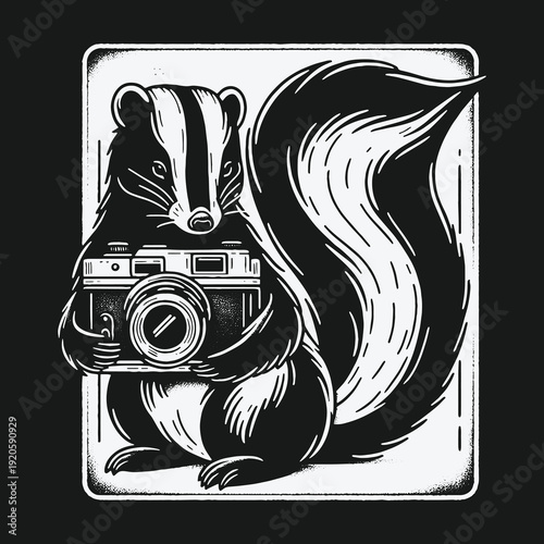 Monochrome Skunk Photographer Capturing Moments with Vintage Camera.