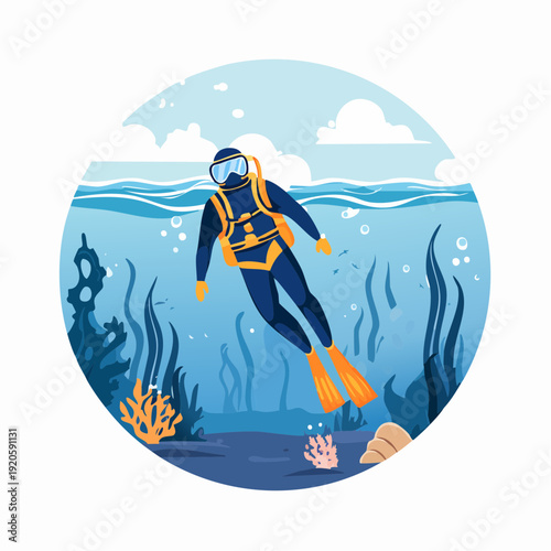 Scuba diver exploring underwater coral reef with marine life and clear blue ocean