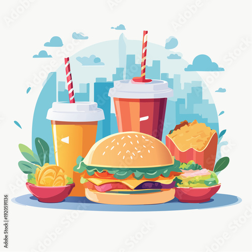 Delicious fast food meal with drinks and city skyline in the background illustration
