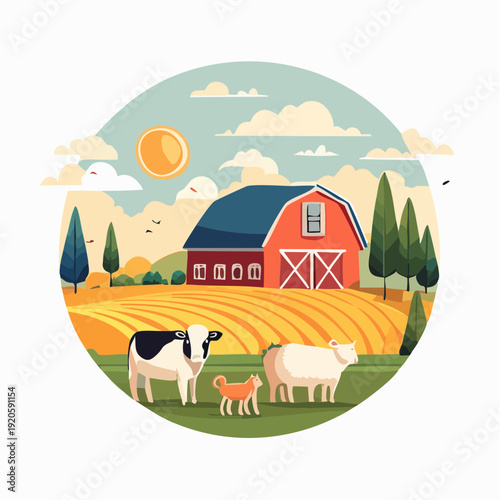 Farm animals and red barn in a sunny rural landscape illustration