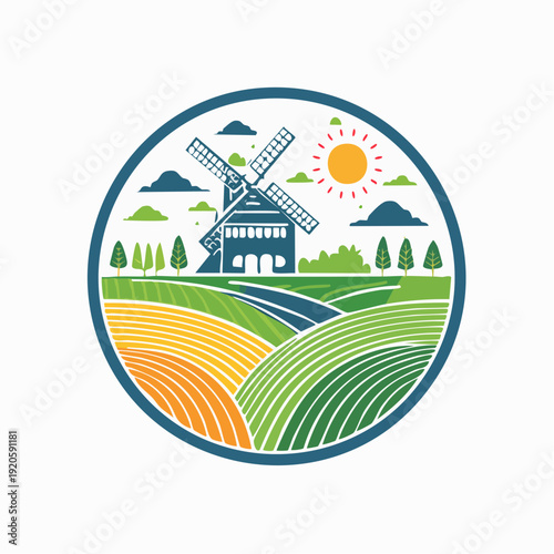 Rural Landscape with Windmill and Sun A Scenic View of Countryside Fields