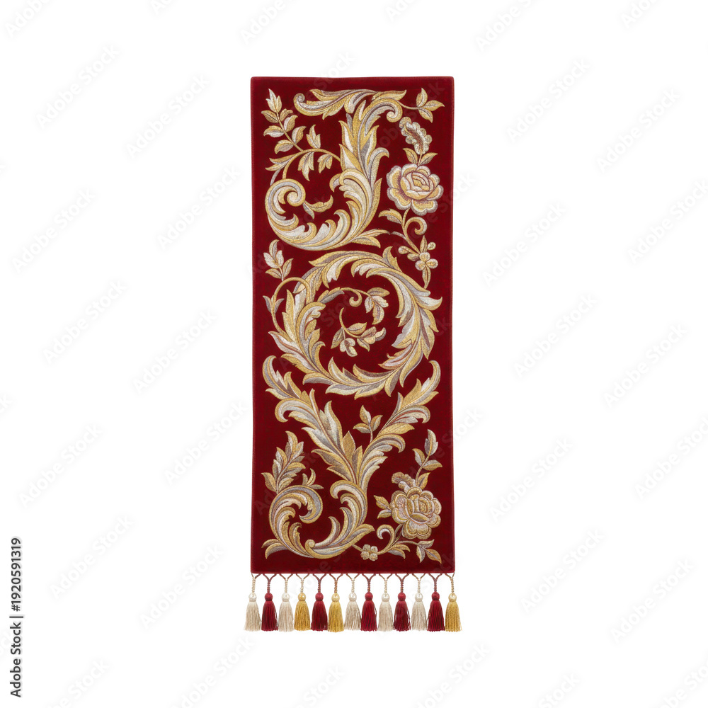 Fototapeta premium Ornate Embroidered Textile with Floral Motifs and Tassels