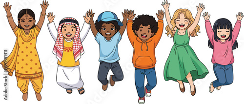Diverse Group of Happy Multiethnic Children Jumping Together in Celebration Representing Global Unity Success Friendship and Inclusive Education Concept Illustration Background