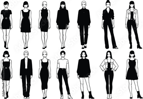 Set of 14 people icons vector, black and white illustrations