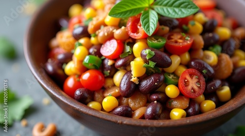 Colorful Southwest Bean Salad in Rustic Bowl