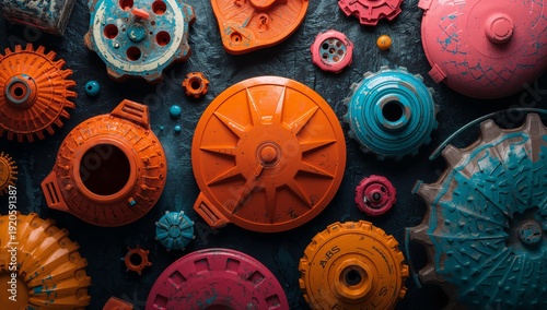 Colorful Mechanical Parts Arranged on a Dark Background Showcasing Design and...