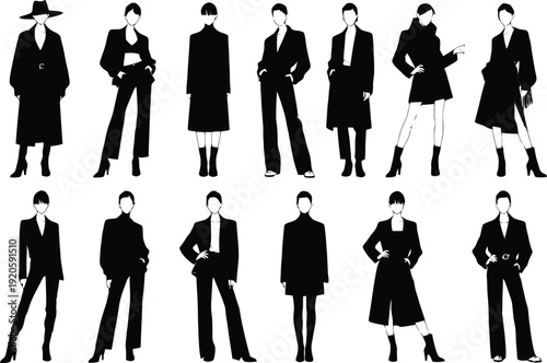 Set of 12 black business people icons vector