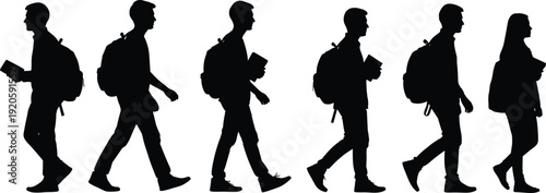 Black Silhouette Vector Illustrations of Diverse Students Walking with Backpacks and Carrying Books for University Campus Life High School and Education Marketing
