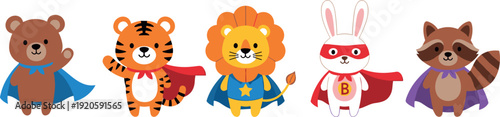 Cute Superhero Animals Set with Bear Tiger Lion Rabbit and Raccoon Cartoon Vector Illustration
