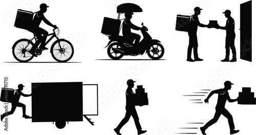 Black Silhouette Vector Illustrations of Delivery Couriers Transporting Packages by Bicycle Scooter and Van for Logistics Shipping and Food Home Delivery Services