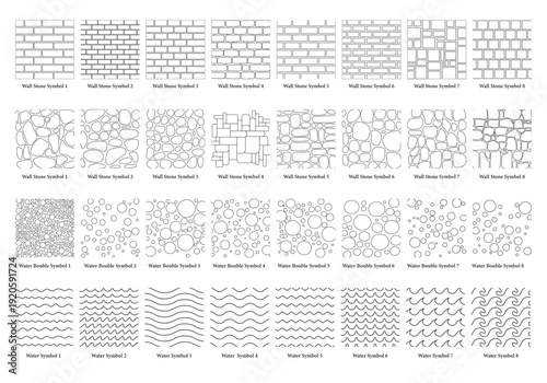 Landscape Architecture CAD Vector Patterns Set.  Water, Stone, Wall, and Texture Elements
