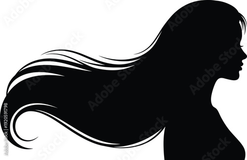 Black Vector Silhouette Profile of a Woman with Long Flowing Wavy Hair for Beauty Salon Haircare Branding Fashion and Cosmetic Wellness Advertising