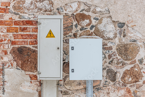 Electrical control boxes mounted on a textured stone wall with a mix of red bricks and natural stones, showcasing urban infrastructure and utility elements