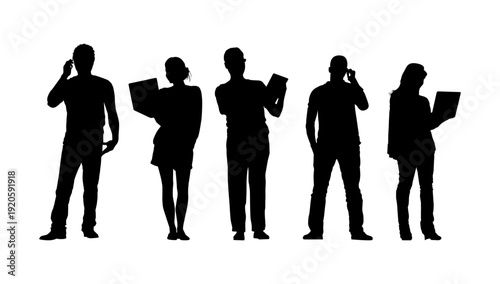 Silhouetted business professionals working with laptops in modern vector style, representing teamwork, corporate collaboration, productivity, and digital workplace culture