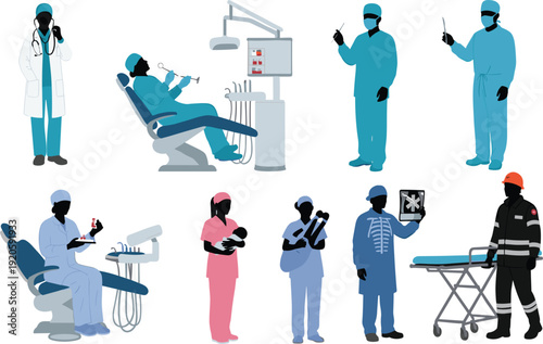 Flat Vector Illustrations of Healthcare Professionals Including Doctors Surgeons Dentists and Nurses for Medical Services Hospital Care and Patient Health Support Graphics