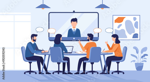 A team of professionals engaged in a virtual meeting, collaborating and communicating.