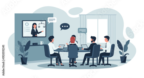 A business meeting takes place, with a video call on a screen.