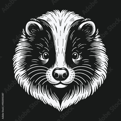 Detailed Badger Portrait: Striking Black and White Illustration.