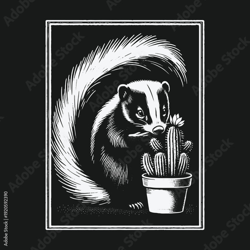 Monochrome Skunk with Cactus Illustration in Detailed Woodcut Style.