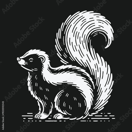 Elegant Skunk Illustration on Black Background Detailed Wildlife Art.