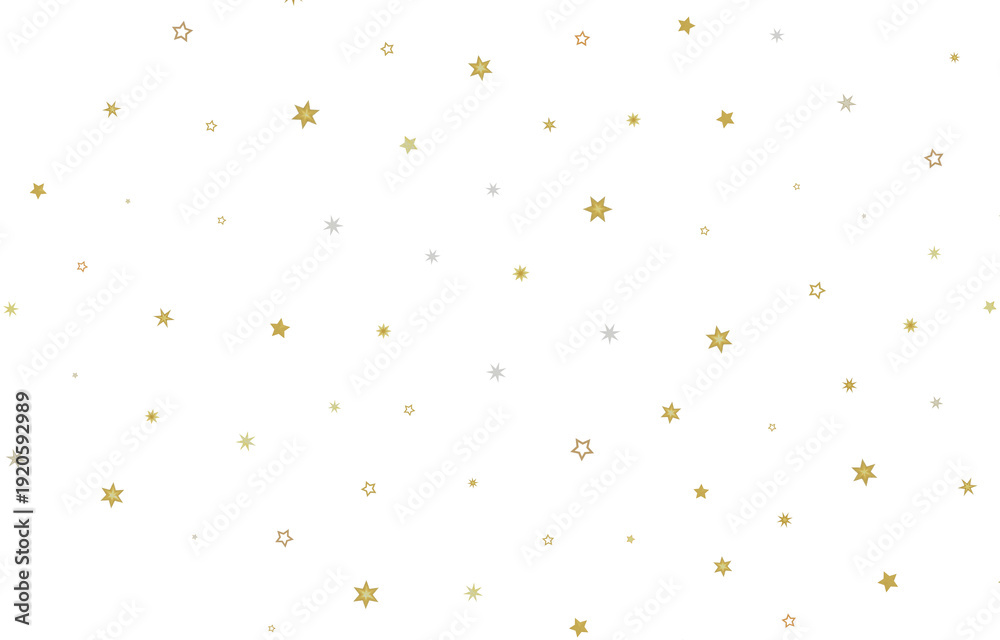 Fototapeta premium Elegant pattern of scattered golden and silver stars on a white background. Ideal for celebrations