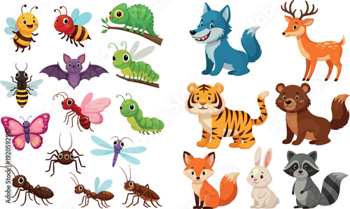 Cute Forest Animals and Insects Collection with Wolf Deer Tiger Fox Butterfly and More Vector Illustration