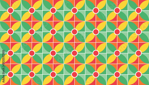 Modern floral geometric seamless pattern with vibrant green, yellow, and red petal shapes