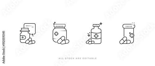 Medicine bottle and pills line icon set. Pharmacy Line Art Vector. Healthcare capsule and medicine jar linear Line art design. Vector illustration