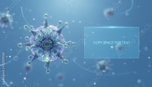 Stylized Virus Cell Floating in a Soft Blue Medical Environment and copy space for text
