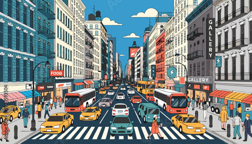 Crowded Downtown Street with Traffic and Pedestrians Flat Vector Illustration